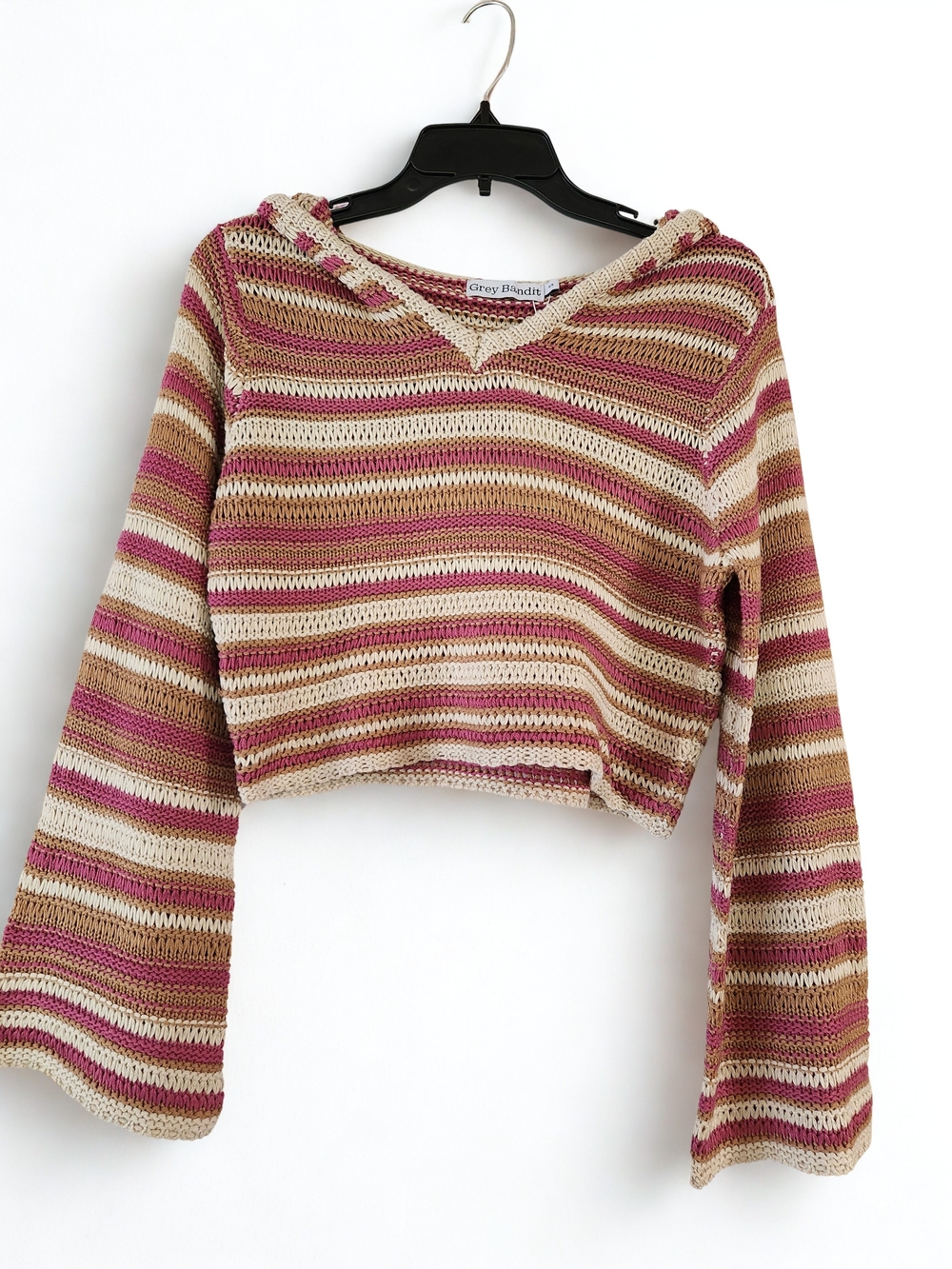 Grey Bandit Crochet Striped Cropped Hoodie Pink Beige Size Small